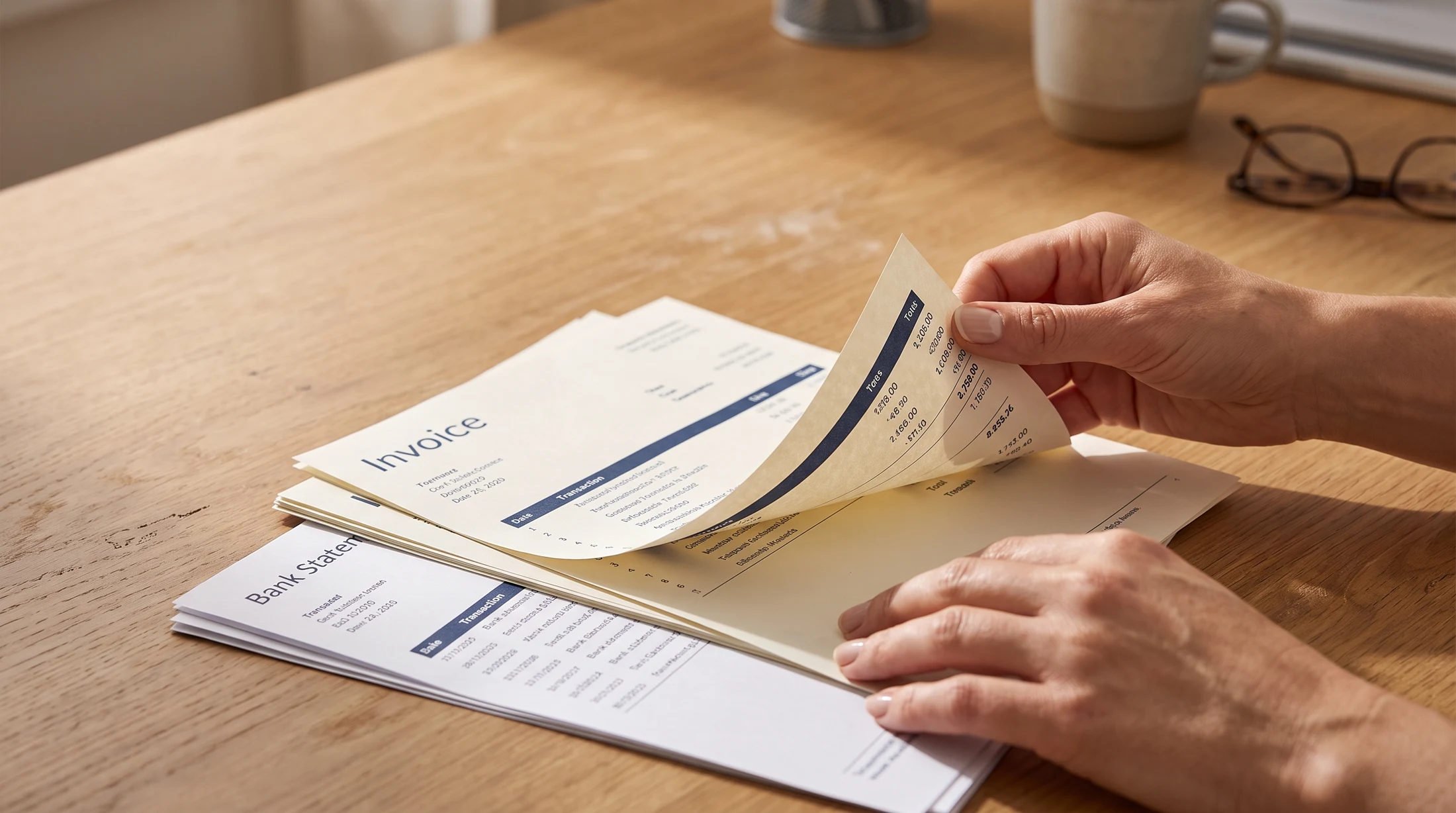 BPOAS accountant reviewing invoices and bank statements at source